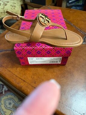 Tory Burch Tan Leather Miller Thong Sandal with Gold Logo